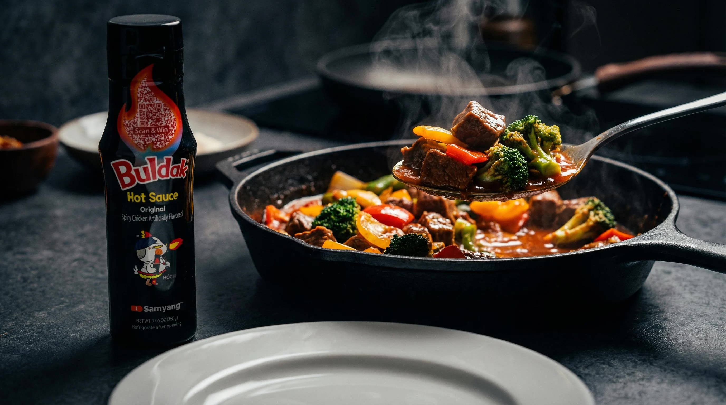 Buldak beef and broccoli stir-fry in a cast-iron pan next to a bottle of Buldak Original Hot Sauce